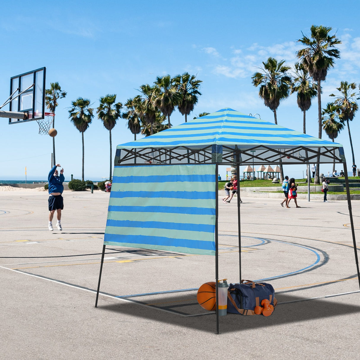 Eagle Peak SHADE GRAPHiX Day 8x8 Tripper Pop Up Canopy Tent with Digital Printed Green Blue Stripe Top - Eagle Peak Canopy and Outdoor Products