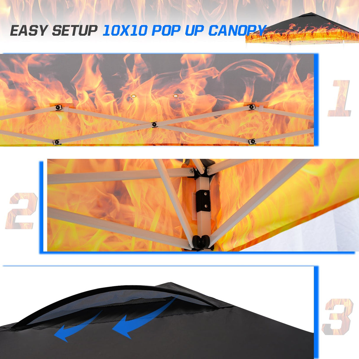 Eagle Peak SHADE GRAPHiX Easy Setup 10x10 Pop Up Canopy Tent with Digital Printed Flame Top - Eagle Peak Canopy and Outdoor Products