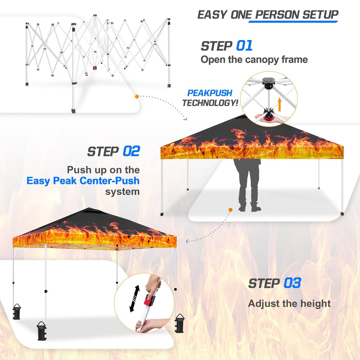 Eagle Peak SHADE GRAPHiX Easy Setup 10x10 Pop Up Canopy Tent with Digital Printed Flame Top - Eagle Peak Canopy and Outdoor Products