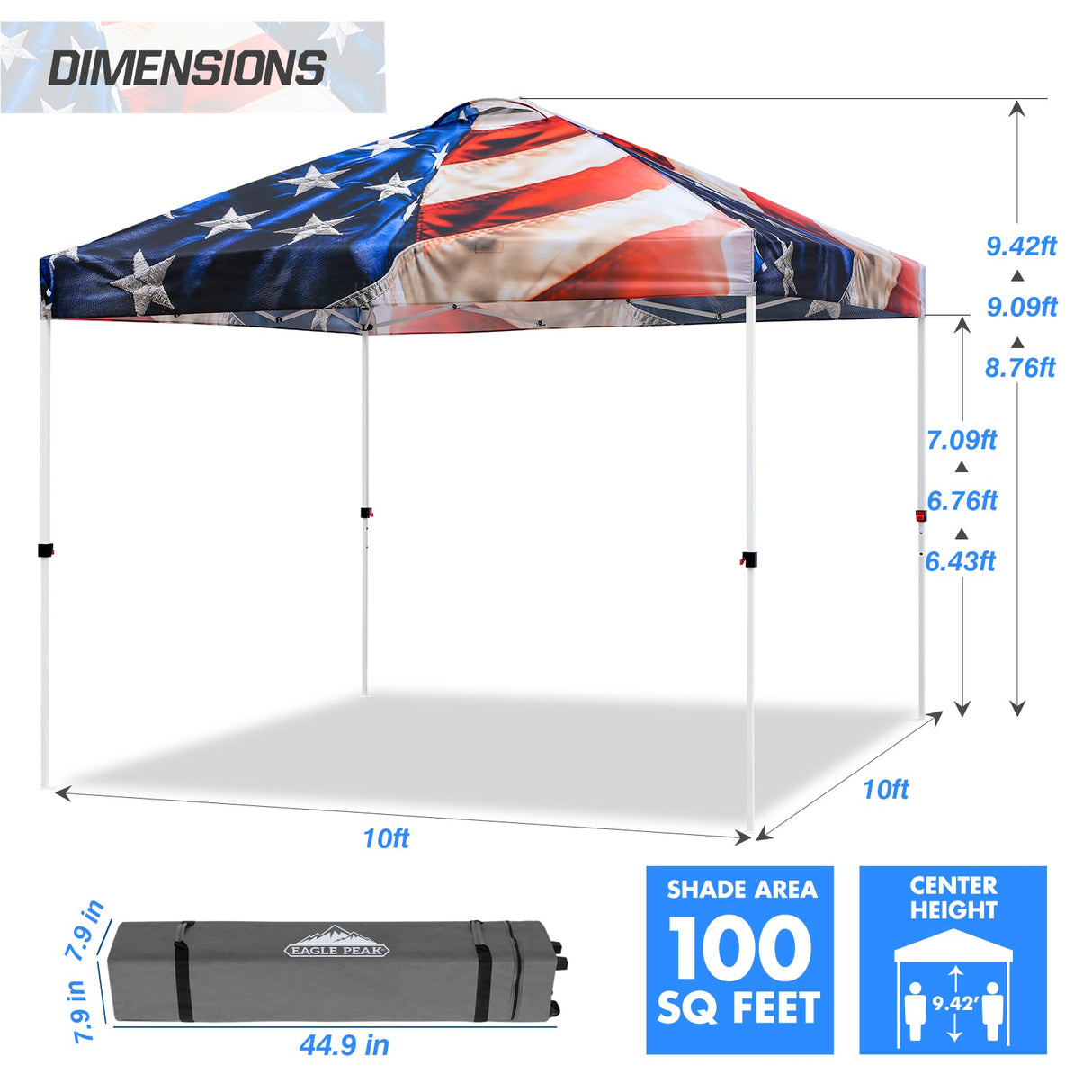 Eagle Peak SHADE GRAPHiX Easy Setup 10x10 Pop Up Canopy Tent with Digital Printed Stars and Stripes Top - Eagle Peak Canopy and Outdoor Products