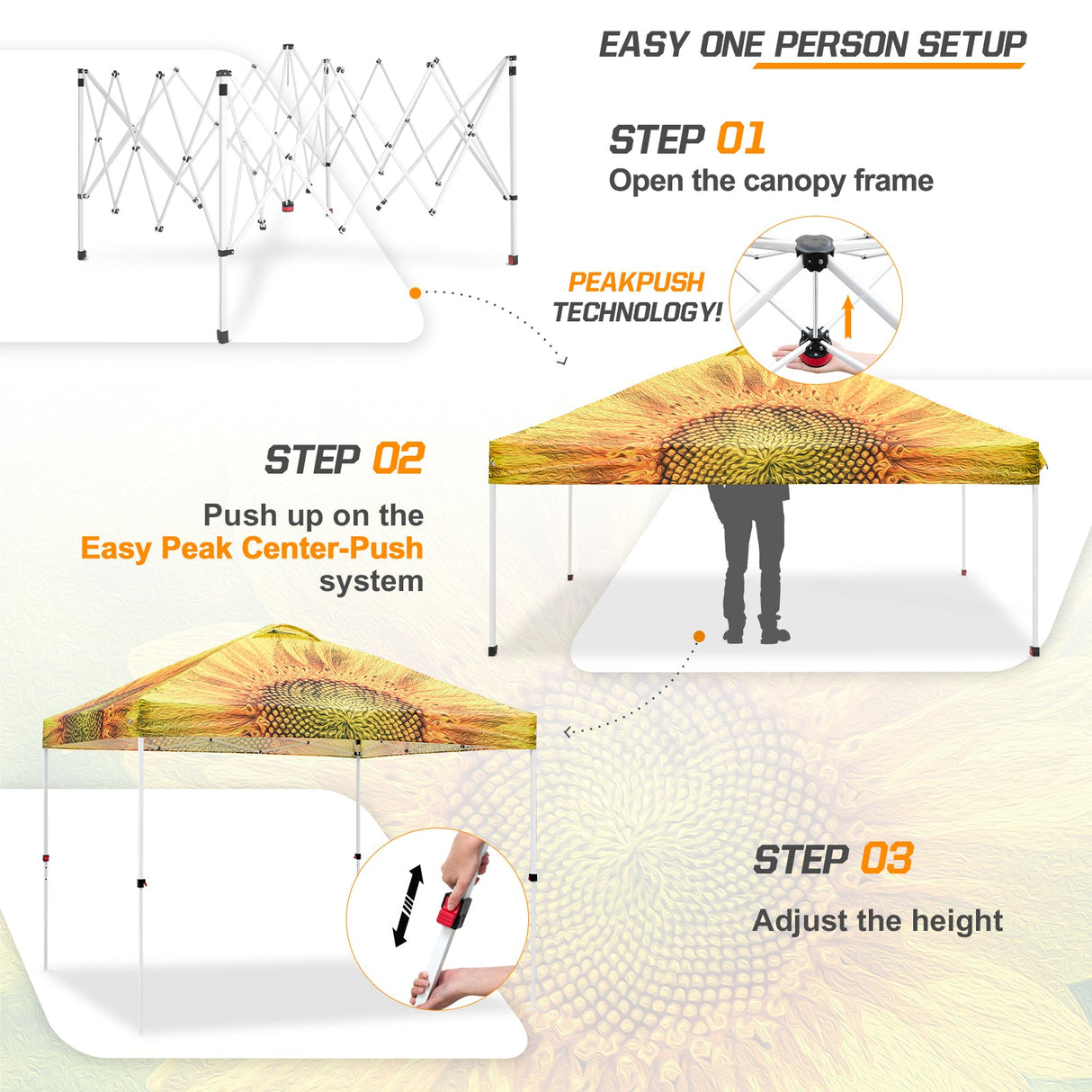 Eagle Peak SHADE GRAPHiX Easy Setup 10x10 Pop Up Canopy Tent with Digital Printed Sun Flower Top - Eagle Peak Canopy and Outdoor Products