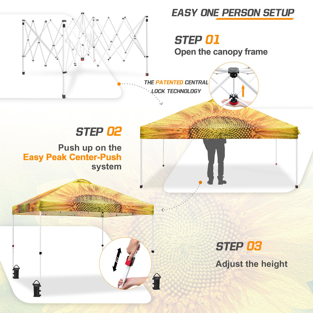 Eagle Peak SHADE GRAPHiX Easy Setup 10x10 Pop Up Canopy Tent with Digital Printed Sun Flower Top - Eagle Peak Custom Canopy Tent