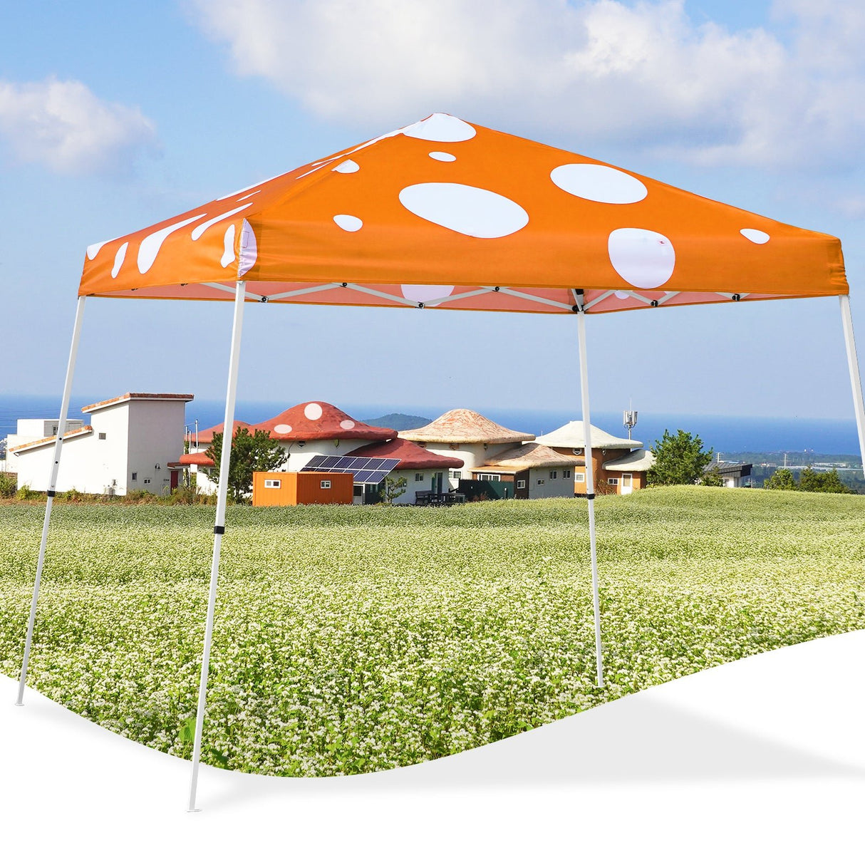 Eagle Peak SHADE GRAPHiX Slant Leg 10x10 Easy Setup Pop Up Canopy Tent (Orange Mushroom Top) - Eagle Peak Canopy and Outdoor Products