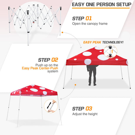 Eagle Peak SHADE GRAPHiX Slant Leg 10x10 Easy Setup Pop Up Canopy Tent (Red Mushroom Top) - Eagle Peak Canopy and Outdoor Products