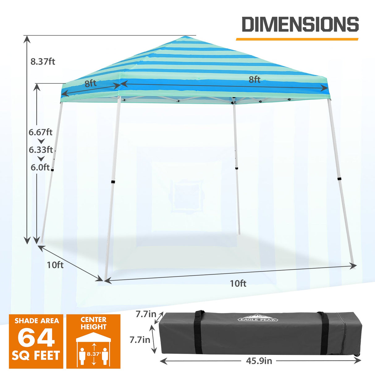 Eagle Peak SHADE GRAPHiX Slant Leg 10x10 Easy Setup Pop Up Canopy Tent with Digital Printed Green Blue Stripe Top - Eagle Peak Canopy and Outdoor Products