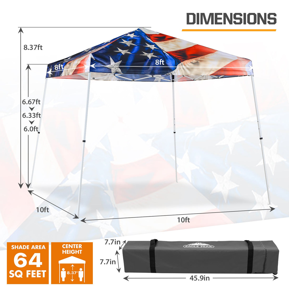 Eagle Peak SHADE GRAPHiX Slant Leg 10x10 Easy Setup Pop Up Canopy Tent with Digital Printed Stars and Stripes Top - Eagle Peak Canopy and Outdoor Products