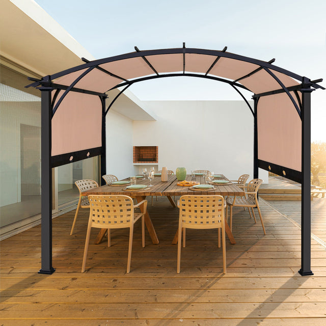 EAGLE PEAK Steel Arched Outdoor Pergola 11.4 x 11.4 ft. with Retractable and Adjustable Shade Canopy, Metal Frame Patio Sun Shelter, Beige - Eagle Peak Canopy and Outdoor Products