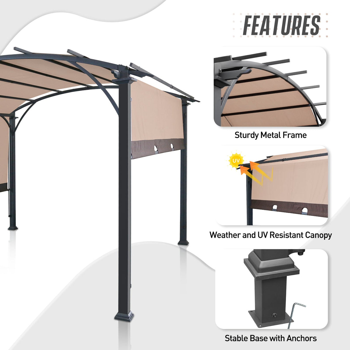 EAGLE PEAK Steel Arched Outdoor Pergola 11.4 x 11.4 ft. with Retractable and Adjustable Shade Canopy, Metal Frame Patio Sun Shelter, Beige - Eagle Peak Canopy and Outdoor Products