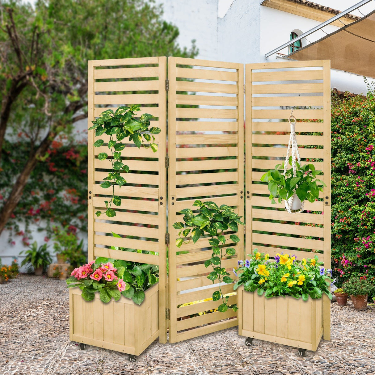 EAGLE PEAK Tri Fold Outdoor Cedar Privacy Screen with 2 Raised Garden Beds - Eagle Peak Canopy and Outdoor Products