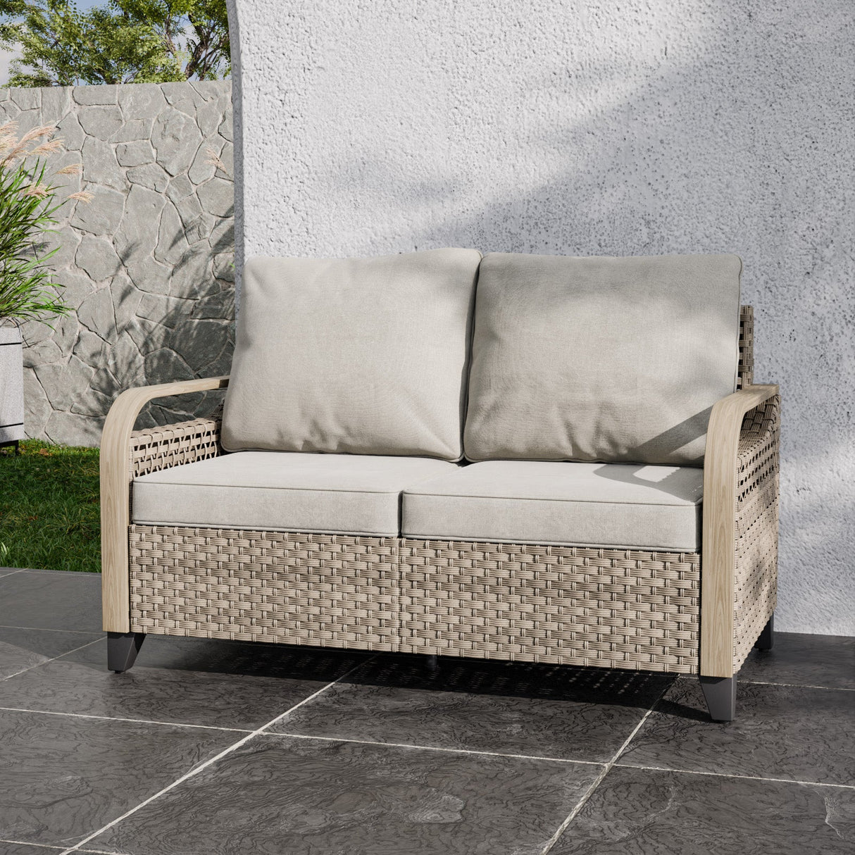 EAGLE PEAK Wicker Outdoor Furniture Loveseat Sofa w/Cushions, Small Balcony Furniture Outdoor Loveseat 2 Seat Couch for Backyard Deck Porch, Brown/Gray - Eagle Peak Canopy and Outdoor Products