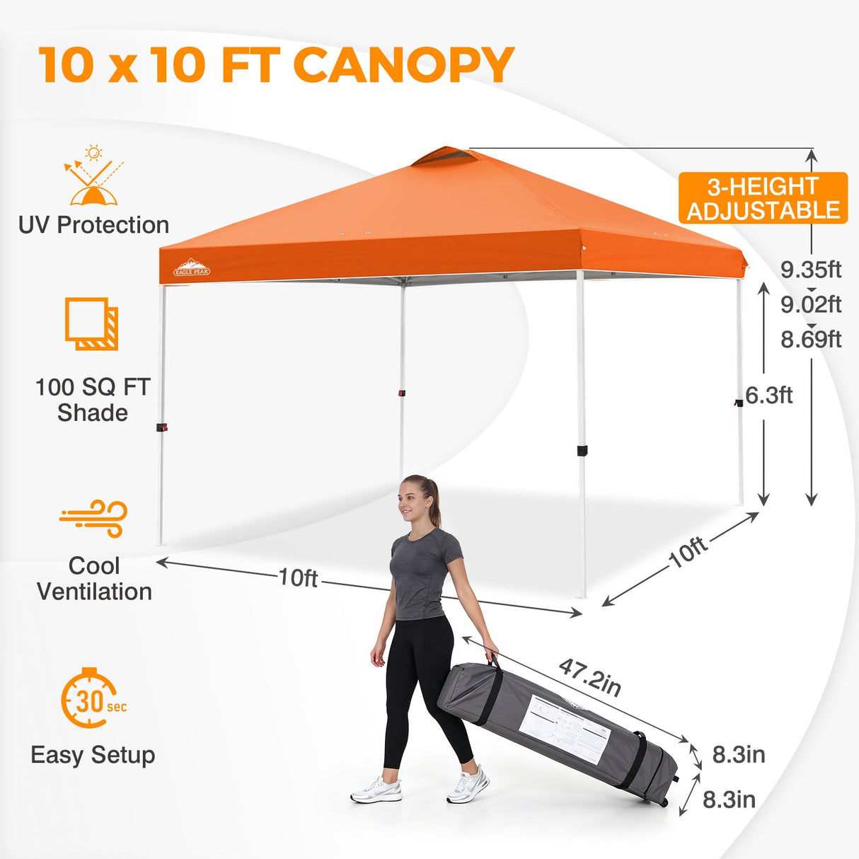 Easy Setup Straight Leg 10x10 Pop Up Canopy Tent w/ 100 sqft of Shade - Eagle Peak®