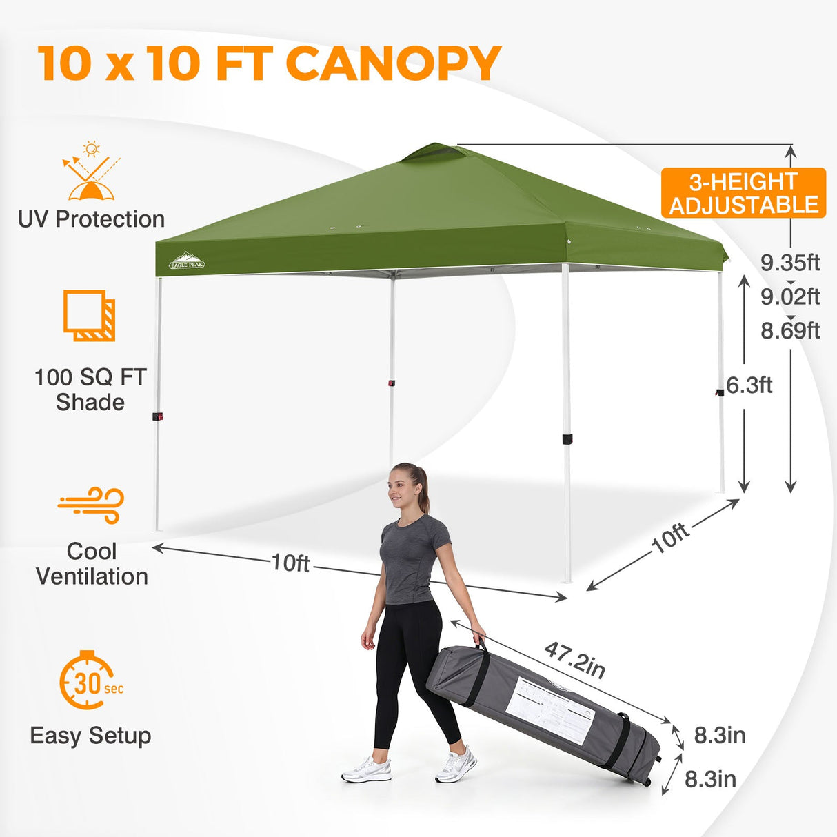 Easy Setup Straight Leg 10x10 Pop Up Canopy Tent w/ 100 sqft of Shade - Eagle Peak®