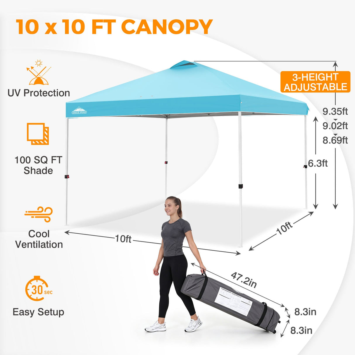 Easy Setup Straight Leg 10x10 Pop Up Canopy Tent w/ 100 sqft of Shade - Eagle Peak®
