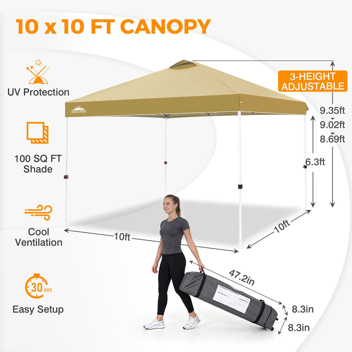 Easy Setup Straight Leg 10x10 Pop Up Canopy Tent w/ 100 sqft of Shade - Eagle Peak®