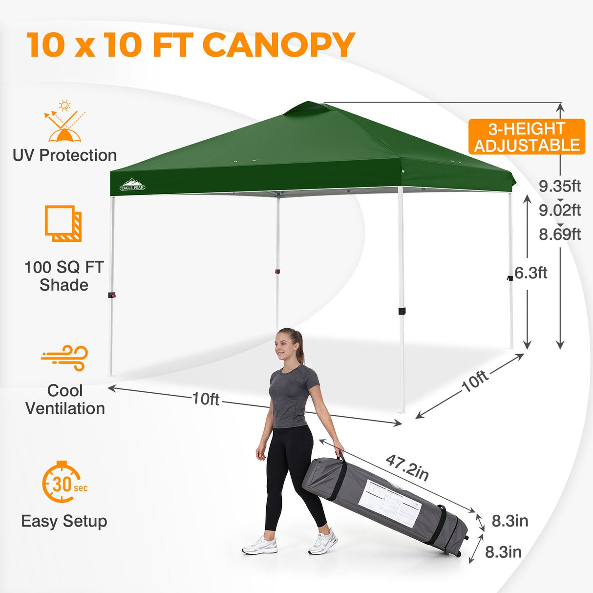 Easy Setup Straight Leg 10x10 Pop Up Canopy Tent w/ 100 sqft of Shade - Eagle Peak®