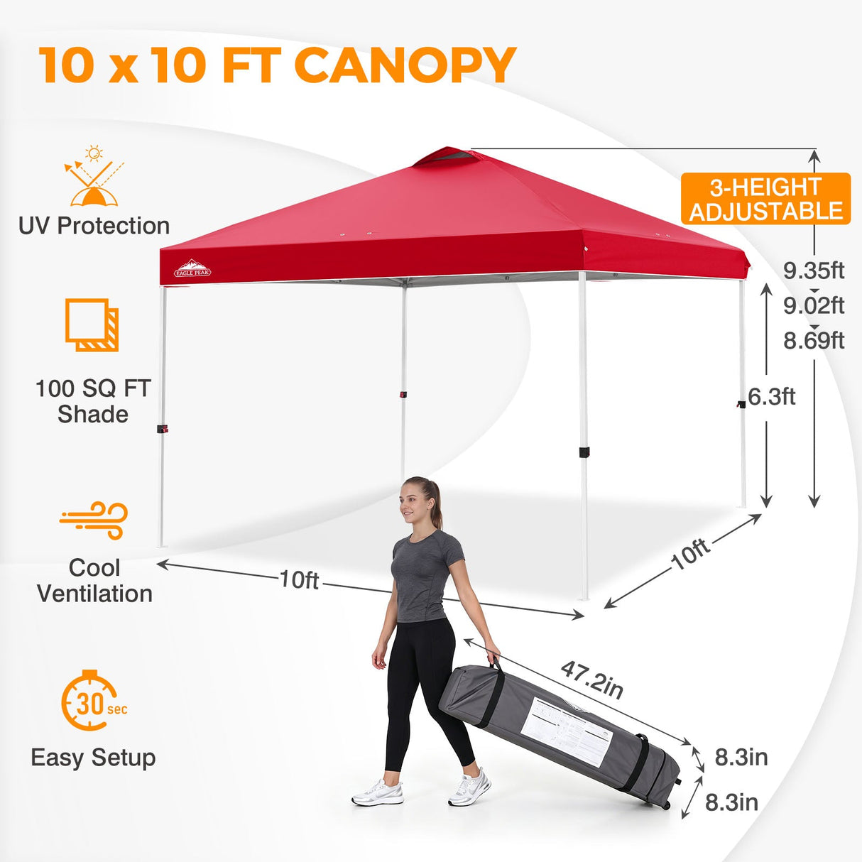 Easy Setup Straight Leg 10x10 Pop Up Canopy Tent w/ 100 sqft of Shade - Eagle Peak®