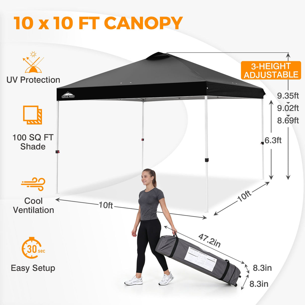 Easy Setup Straight Leg 10x10 Pop Up Canopy Tent w/ 100 sqft of Shade - Eagle Peak®