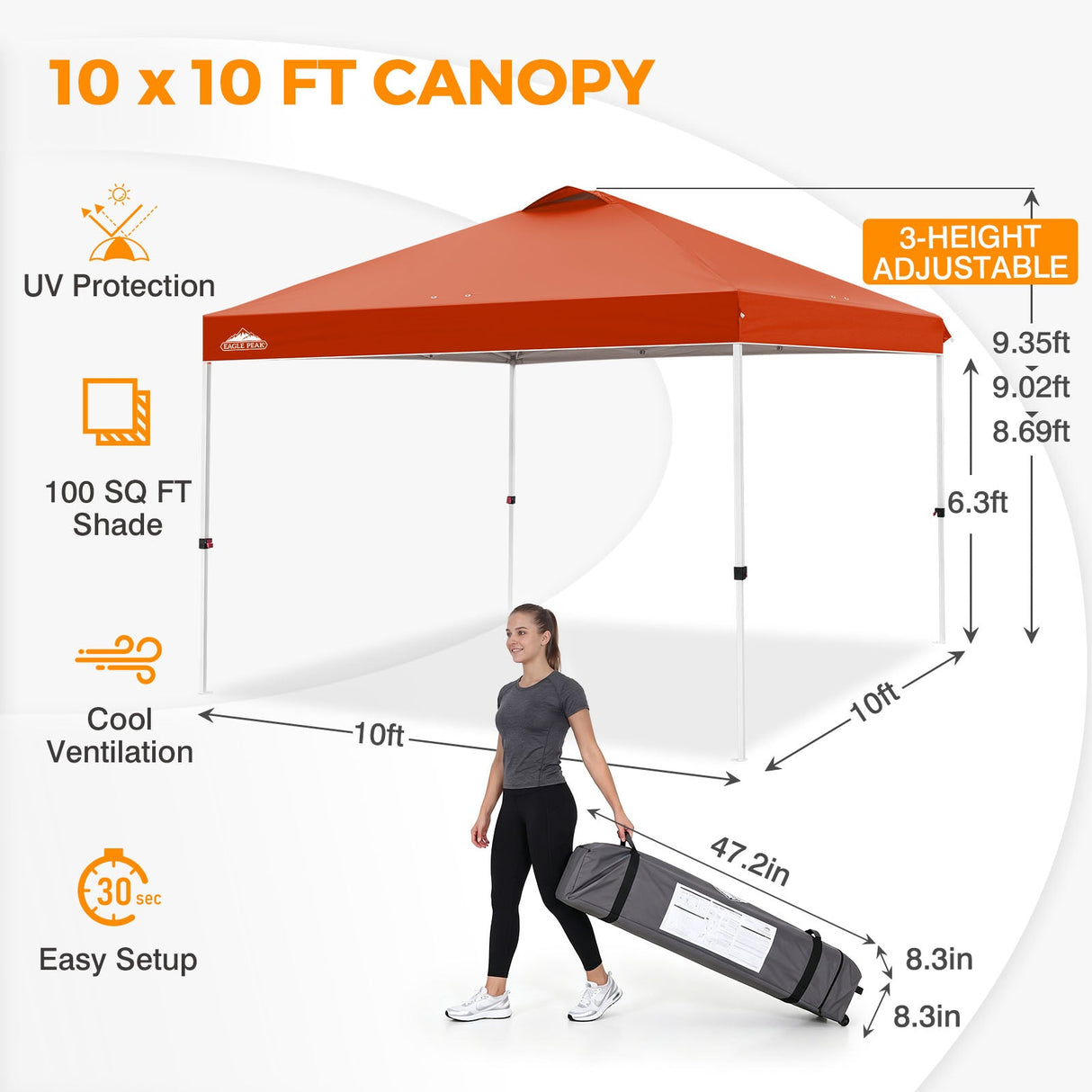 Easy Setup Straight Leg 10x10 Pop Up Canopy Tent w/ 100 sqft of Shade - Eagle Peak®