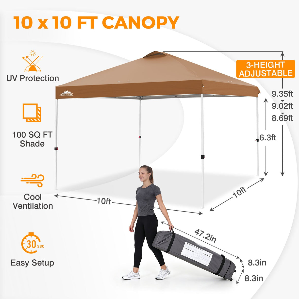 Easy Setup Straight Leg 10x10 Pop Up Canopy Tent w/ 100 sqft of Shade - Eagle Peak®