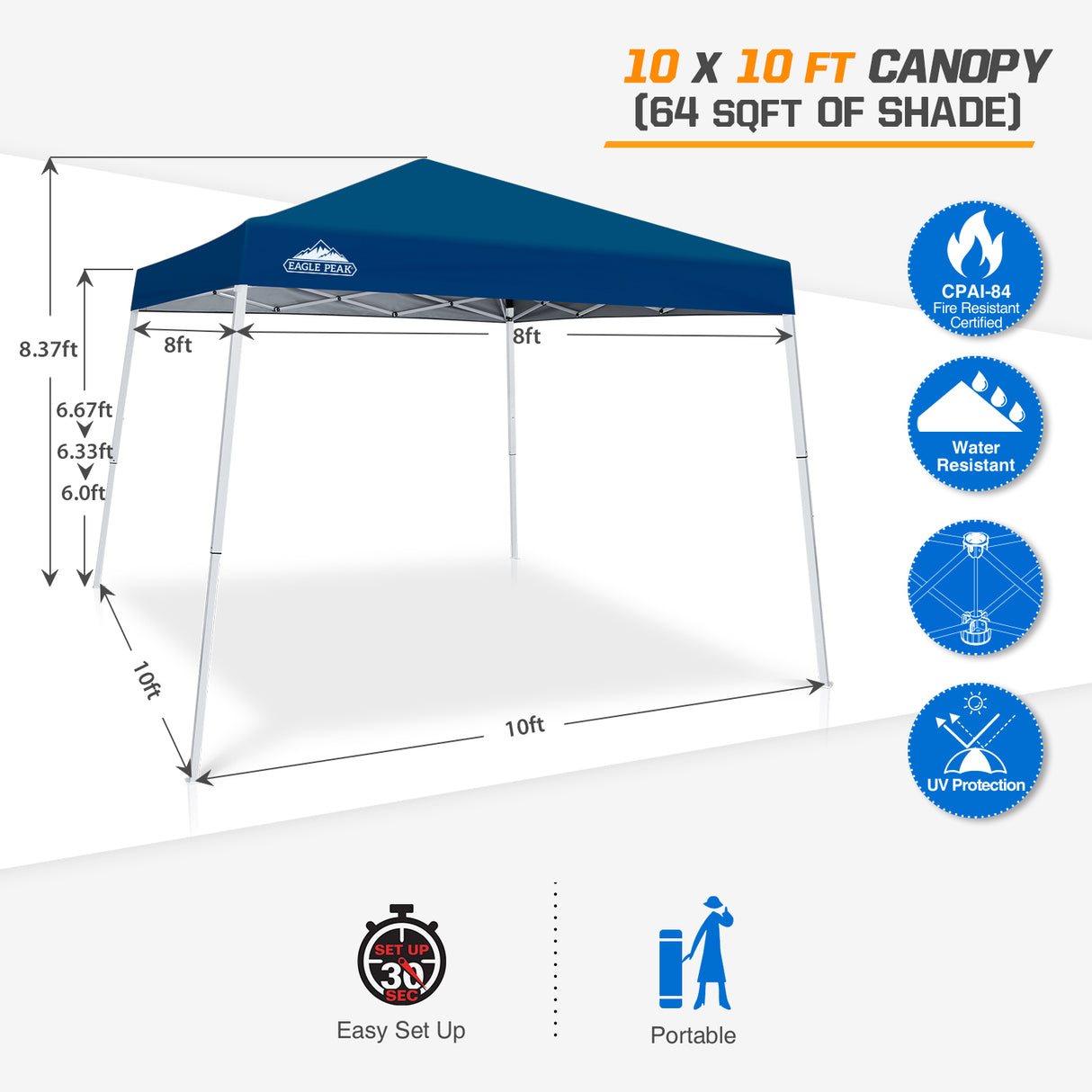 Slant Leg Pop up Canopy Tent, 10x10 Base 8x8 Top