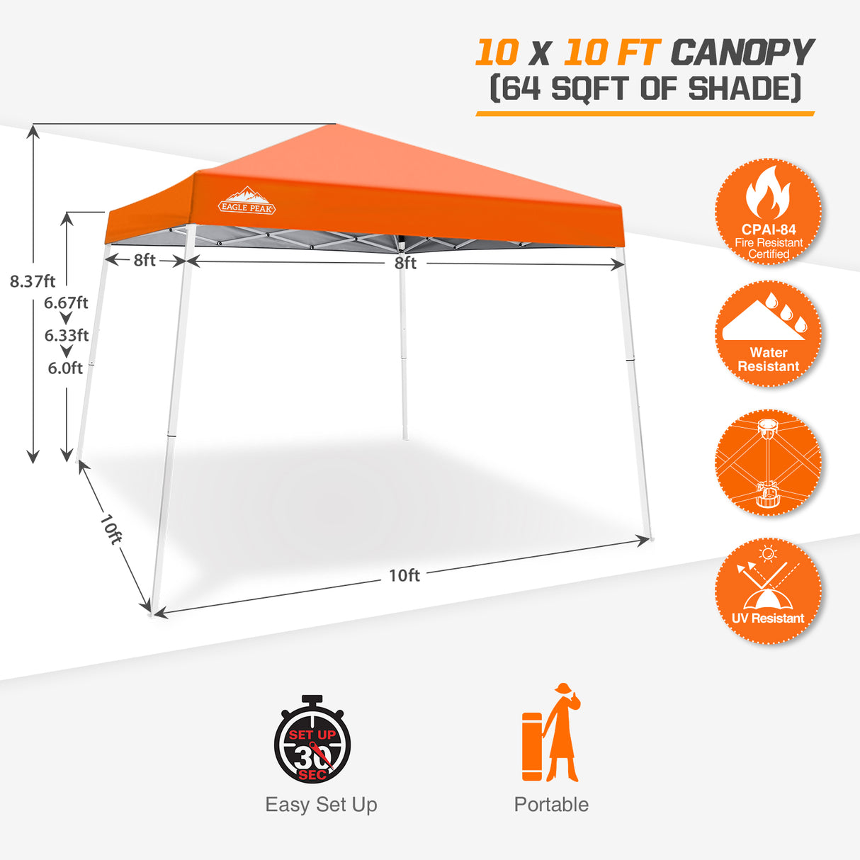 EAGLE PEAK Slant Leg Pop up Canopy Tent, 10x10 Base 8x8 Top