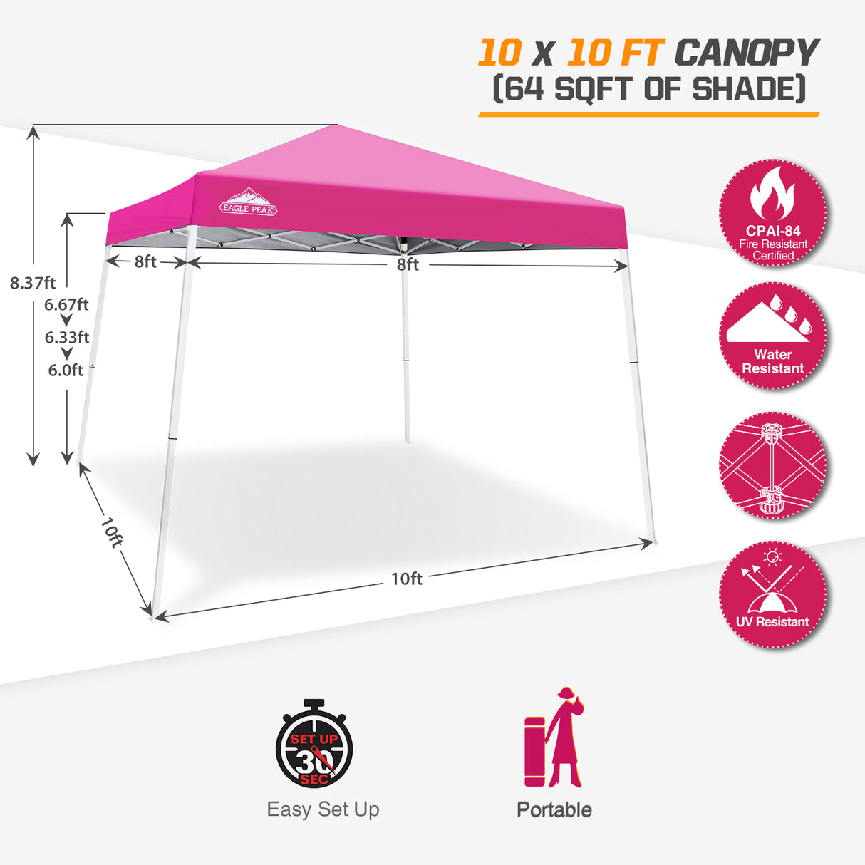 EAGLE PEAK Slant Leg Pop up Canopy Tent, 10x10 Base 8x8 Top