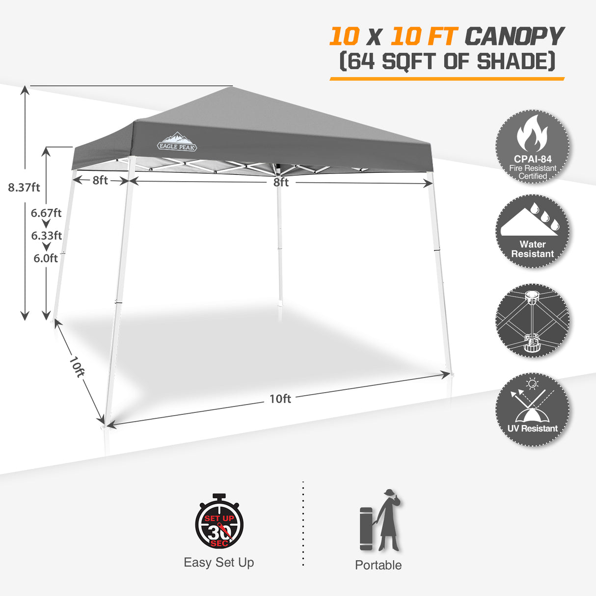 EAGLE PEAK Slant Leg Pop up Canopy Tent, 10x10 Base 8x8 Top