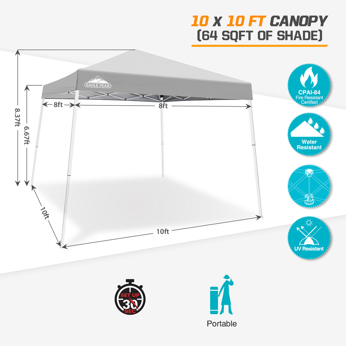 EAGLE PEAK Slant Leg Pop up Canopy Tent, 10x10 Base 8x8 Top