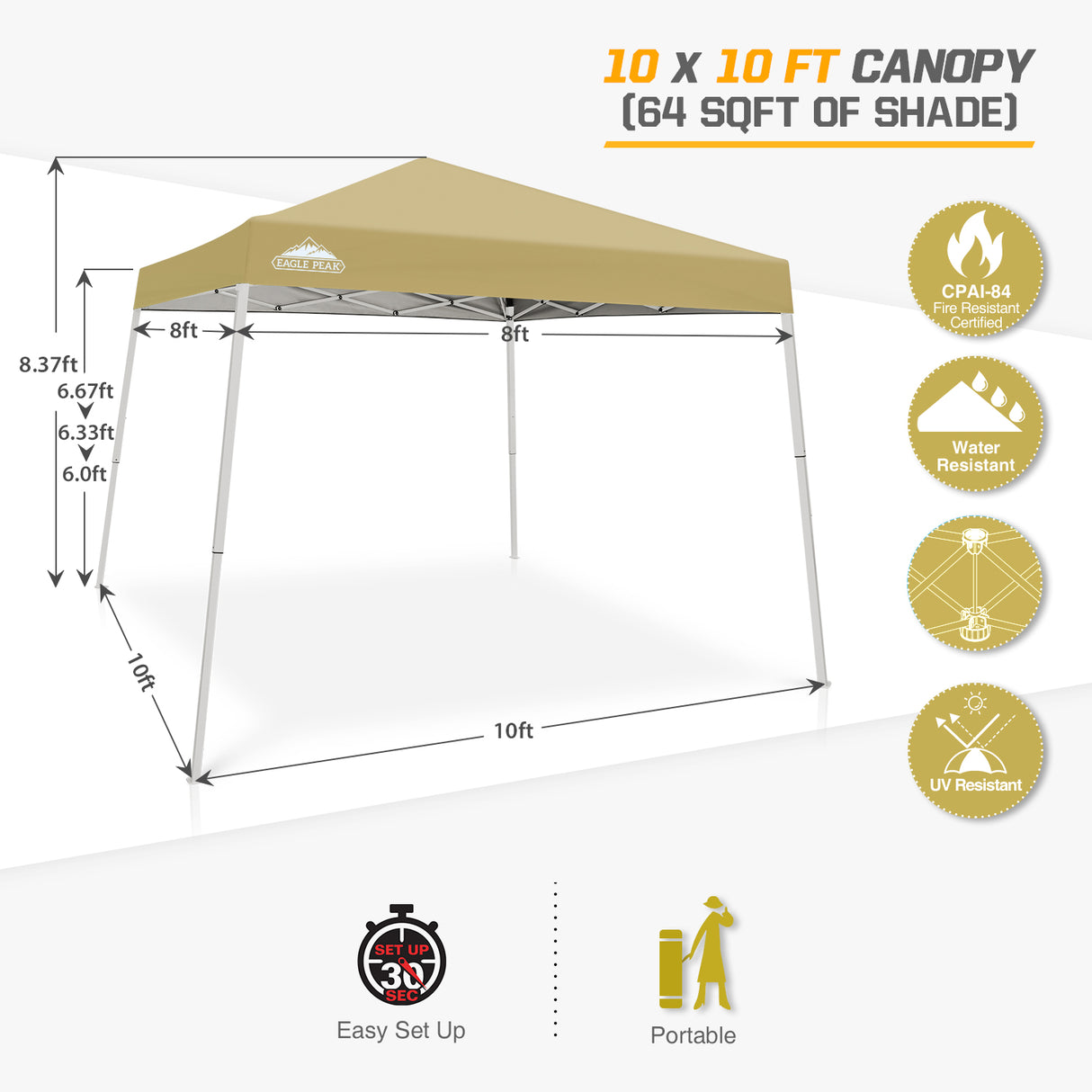 Slant Leg Pop up Canopy Tent, 10x10 Base 8x8 Top