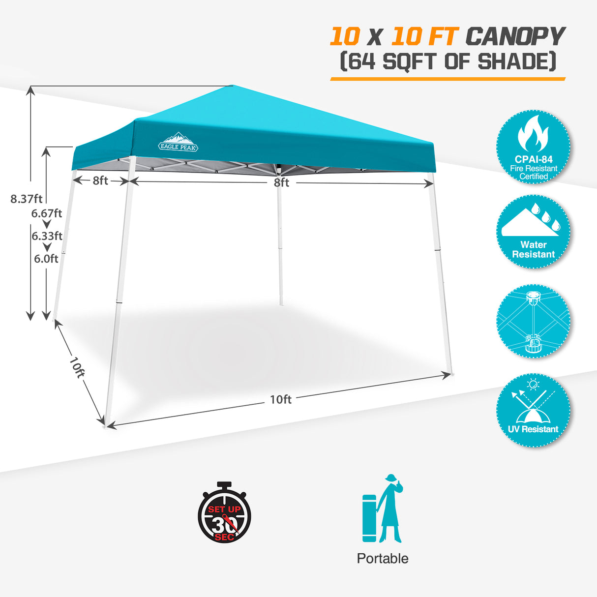 EAGLE PEAK Slant Leg Pop up Canopy Tent, 10x10 Base 8x8 Top