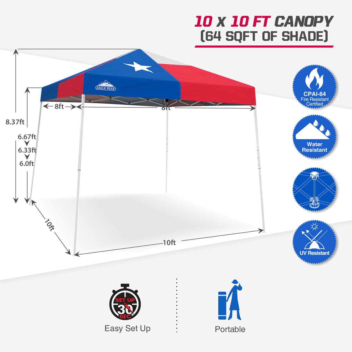 EAGLE PEAK Slant Leg Pop up Canopy Tent, 10x10 Base 8x8 Top