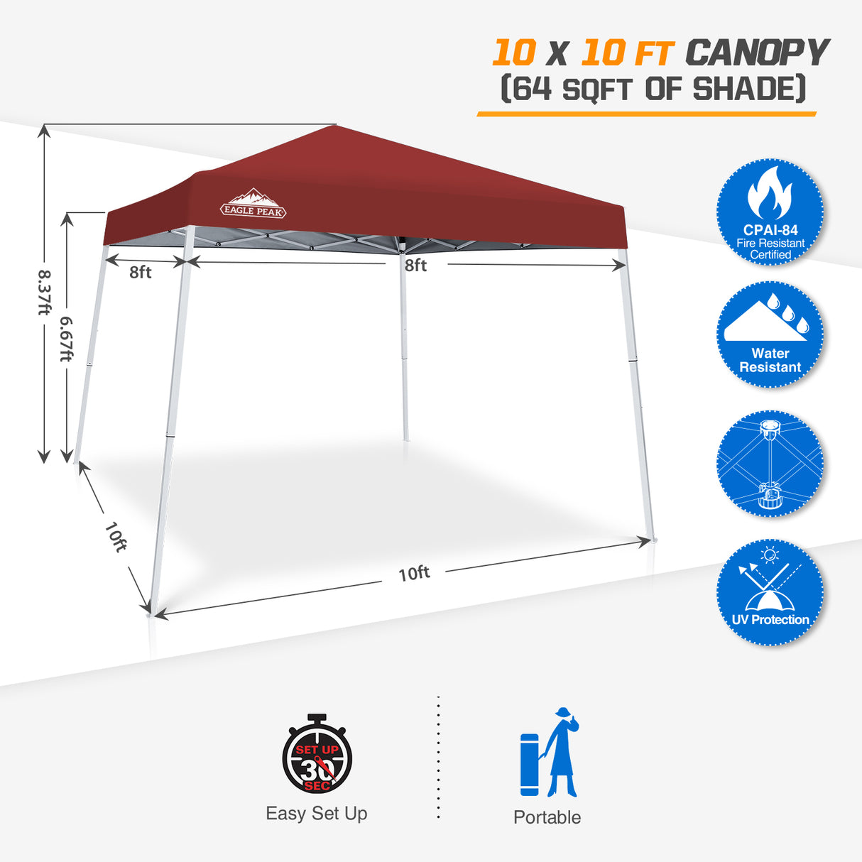 EAGLE PEAK Slant Leg Pop up Canopy Tent, 10x10 Base 8x8 Top