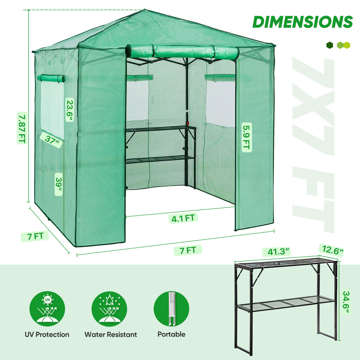 7x7 Pop up Greenhouse Portable Walk-in with 2 Foldable Shelves