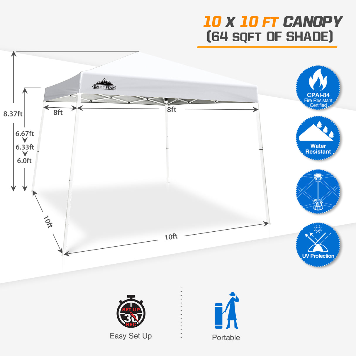 EAGLE PEAK Slant Leg Pop up Canopy Tent, 10x10 Base 8x8 Top