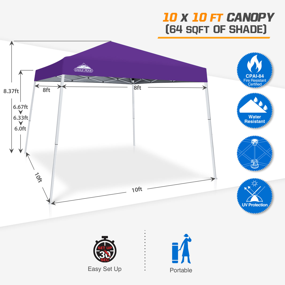 Slant Leg Pop up Canopy Tent, 10x10 Base 8x8 Top