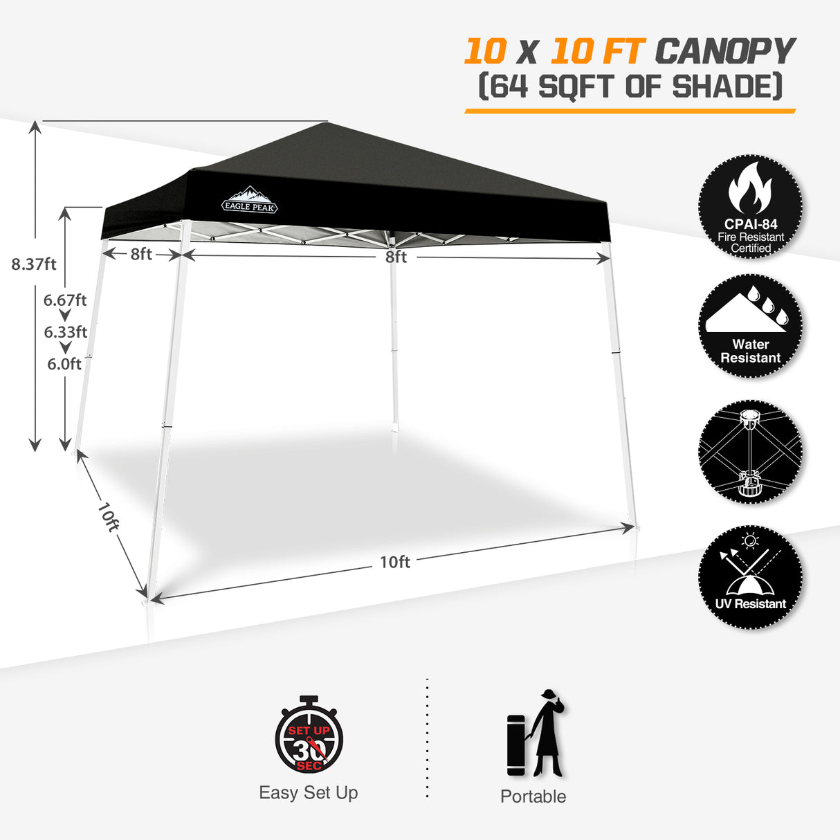 EAGLE PEAK Slant Leg Pop up Canopy Tent, 10x10 Base 8x8 Top