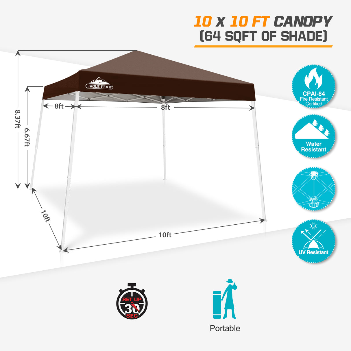 EAGLE PEAK Slant Leg Pop up Canopy Tent, 10x10 Base 8x8 Top