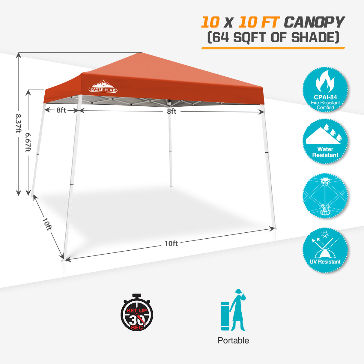 EAGLE PEAK Slant Leg Pop up Canopy Tent, 10x10 Base 8x8 Top