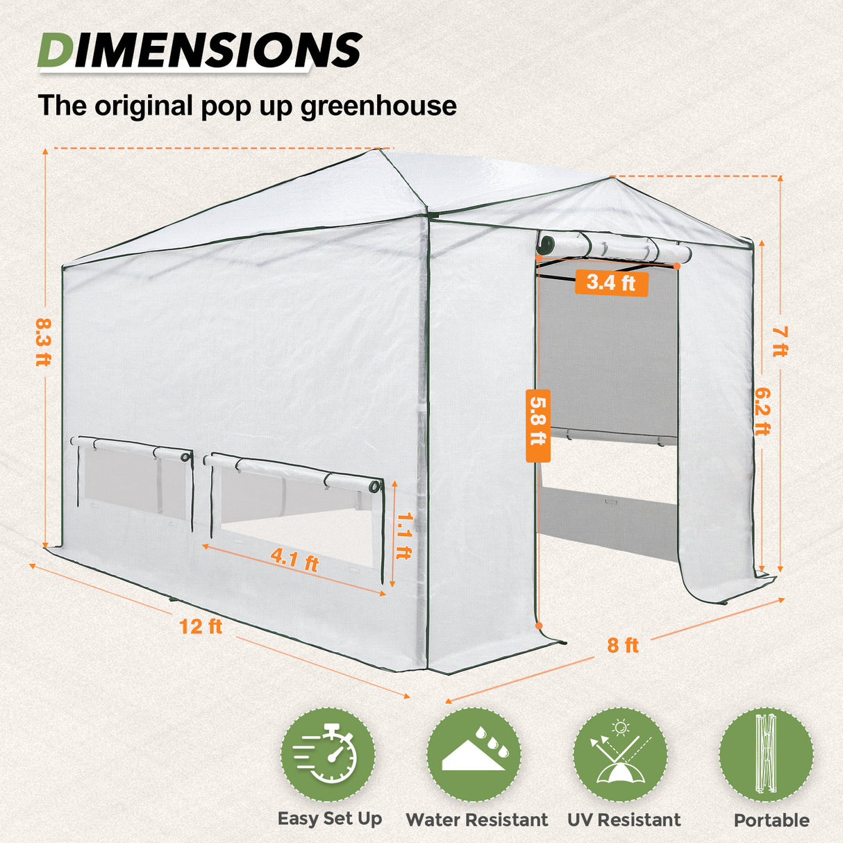 8x6/12x8 Portable Walk-in Greenhouse, Woven PE Top, White
