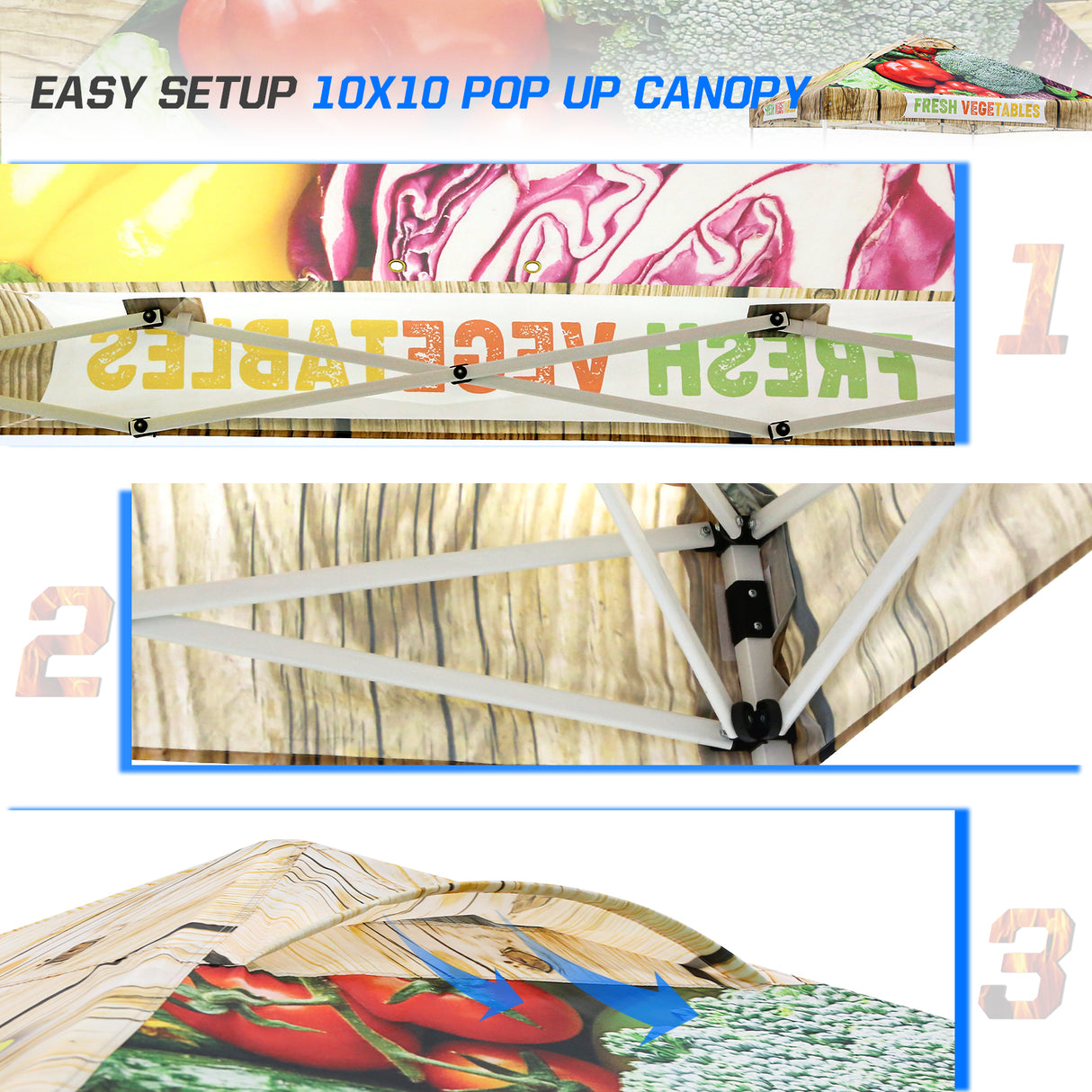 Easy Setup Straight Leg 10x10 Pop Up Canopy Tent Graphix Top w/ 100 sqft of Shade