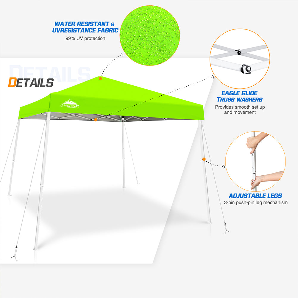 EAGLE PEAK Slant Leg Pop up Canopy Tent, 10x10 Base 8x8 Top