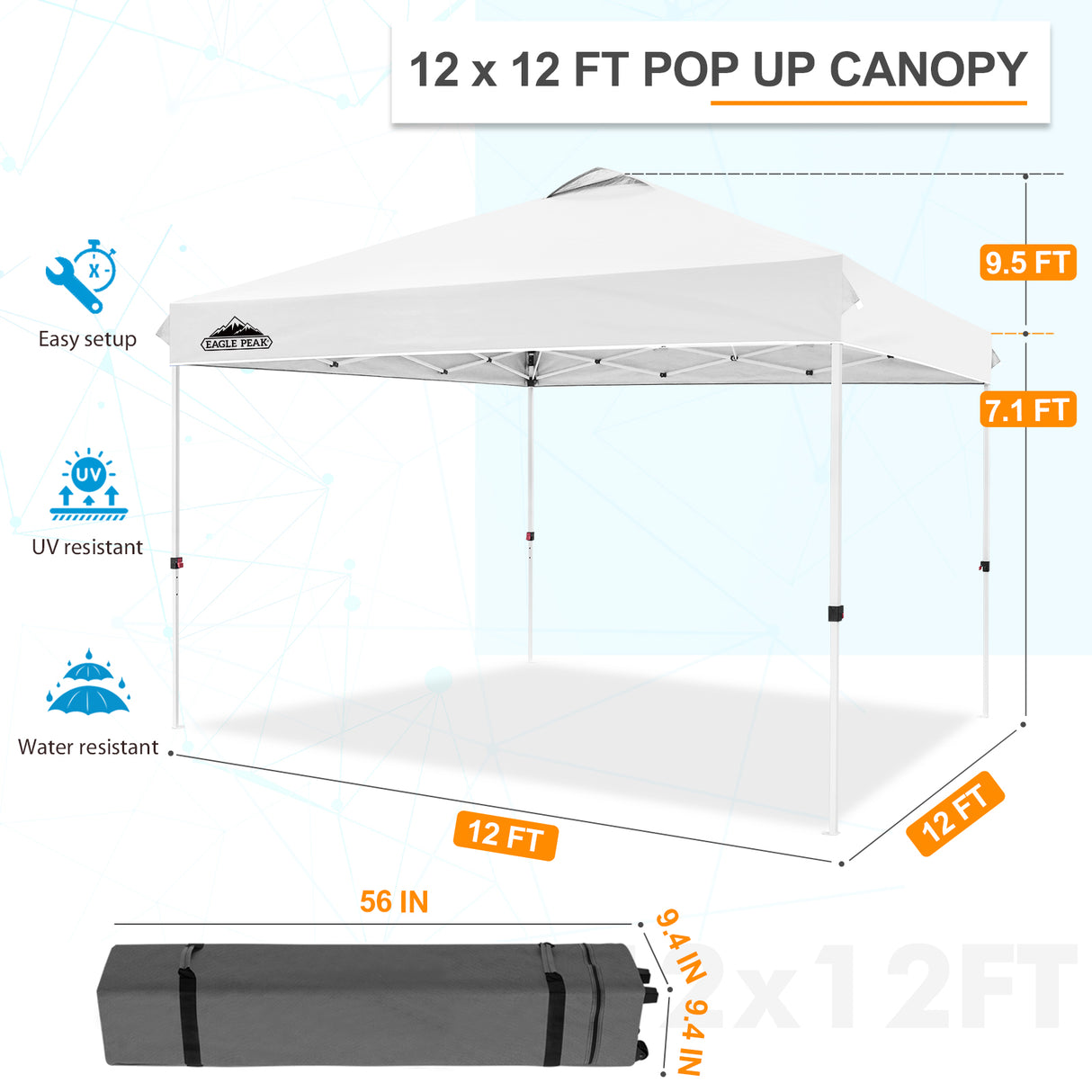 Pop Up Canopy Tent with Wheeled Carry Bag, 8 Stakes, 4 Ropes, 4 Weight Bags, 12x12 ft - Eagle Peak Custom Canopy Tent