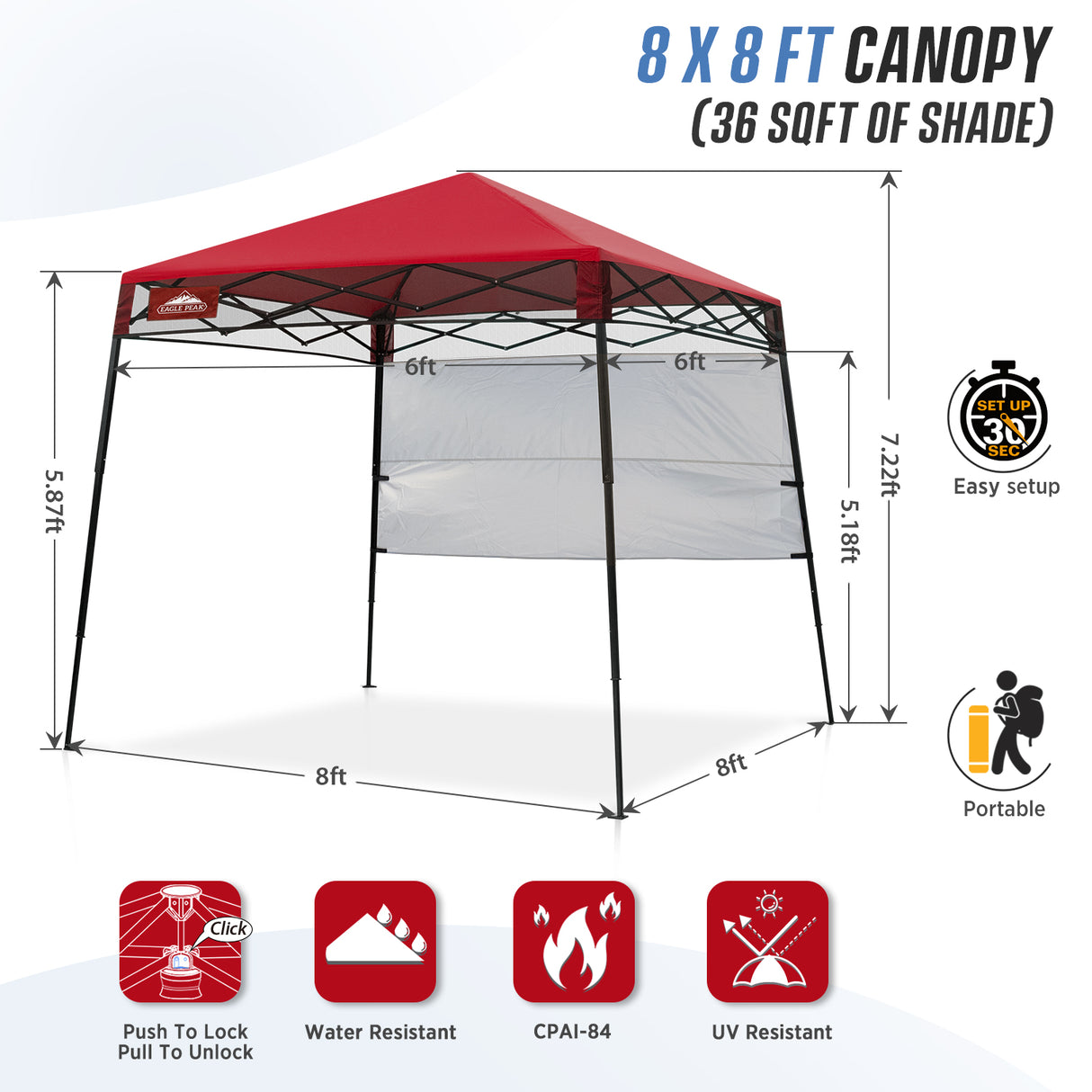 EAGLE PEAK 8x8 Pop Up Canopy Tent with Sidewall, 8x8 Base 6x6 Top