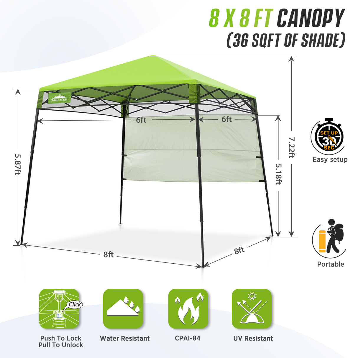 EAGLE PEAK 8x8 Pop Up Canopy Tent with Sidewall, 8x8 Base 6x6 Top