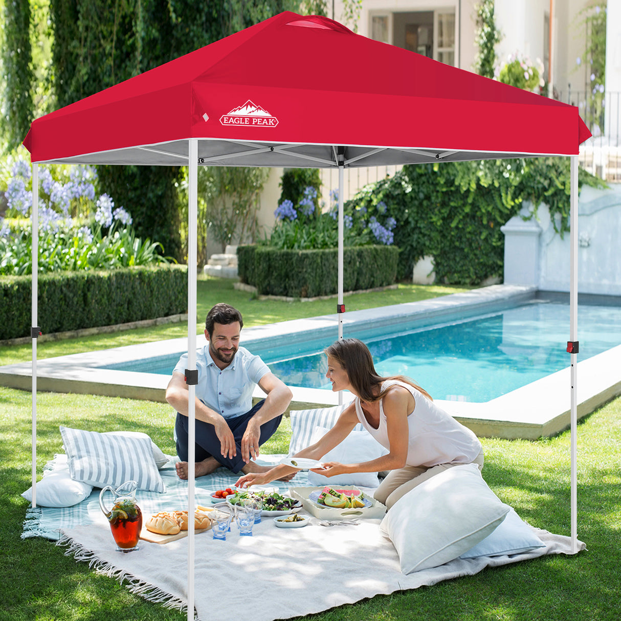 EAGLE PEAK 6.6x6.6 Pop Up Canopy Tent Instant Outdoor Canopy Easy Set - up Straight Leg Folding Shelter with Wheeled Bag, 8 Stakes and 4 Ropes, Blue/White - Eagle Peak Canopy and Outdoor Products