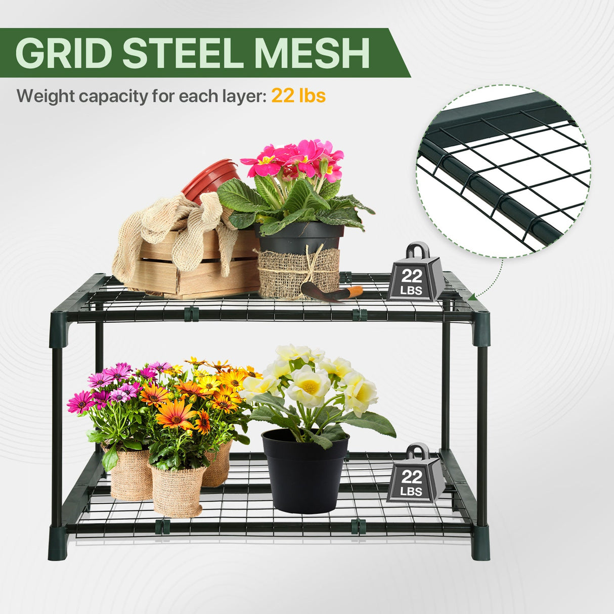 Greenhouse Shelving Staging Double 2 Tier, 27" x 19" x 16", Green - Eagle Peak Custom Canopy Tent