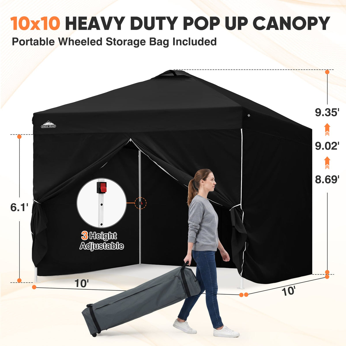 Heavy Duty 10x10 Pop Up Canopy Tent, 4 Canopy Sidewalls - Eagle Peak®