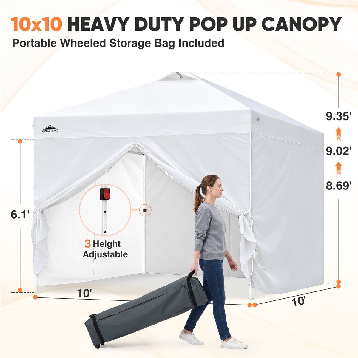 Heavy Duty 10x10 Pop Up Canopy Tent, 4 Canopy Sidewalls - Eagle Peak®