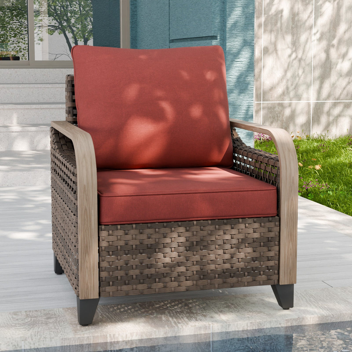 Modern Wicker Outdoor Chair with Cushions, Brown/Gray - Eagle Peak®