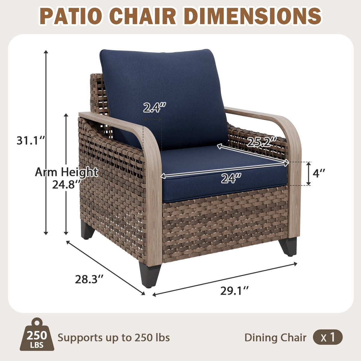 Modern Wicker Outdoor Chair with Cushions, Brown/Gray - Eagle Peak®